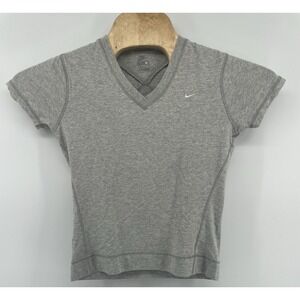 Nike Knit Shirt Womens M  Gray Short Sleeve V Neck Stretch Top Workout Athletic